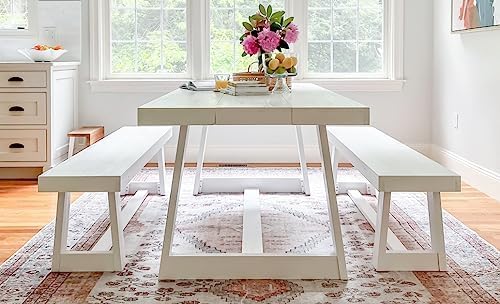 Solid Wood Farmhouse Dining Bench – Seashell Wirebrush Finish Solid Wood Farmhouse Dining Bench – Seashell Wirebrush Finish