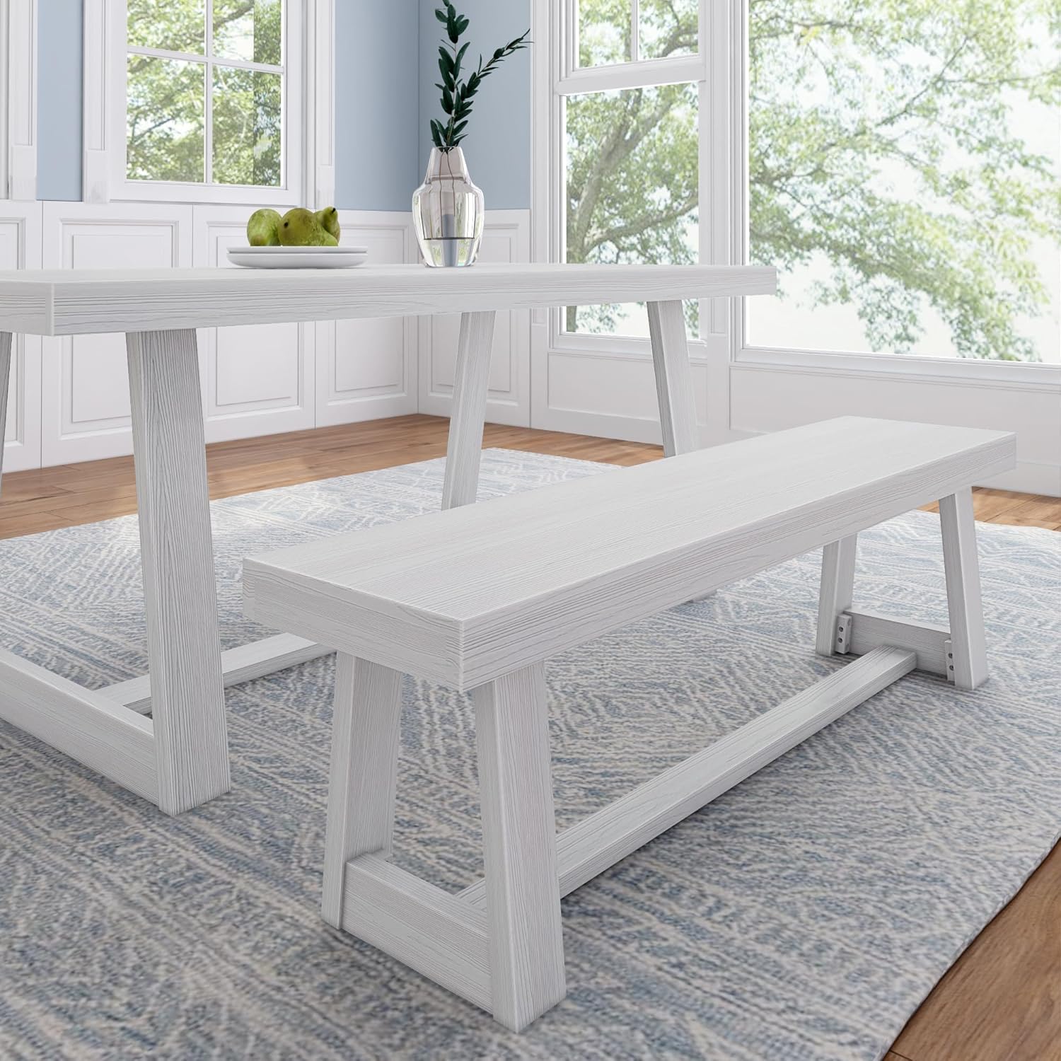 Solid Wood Farmhouse Dining Bench – Seashell Wirebrush Finish Solid Wood Farmhouse Dining Bench – Seashell Wirebrush Finish